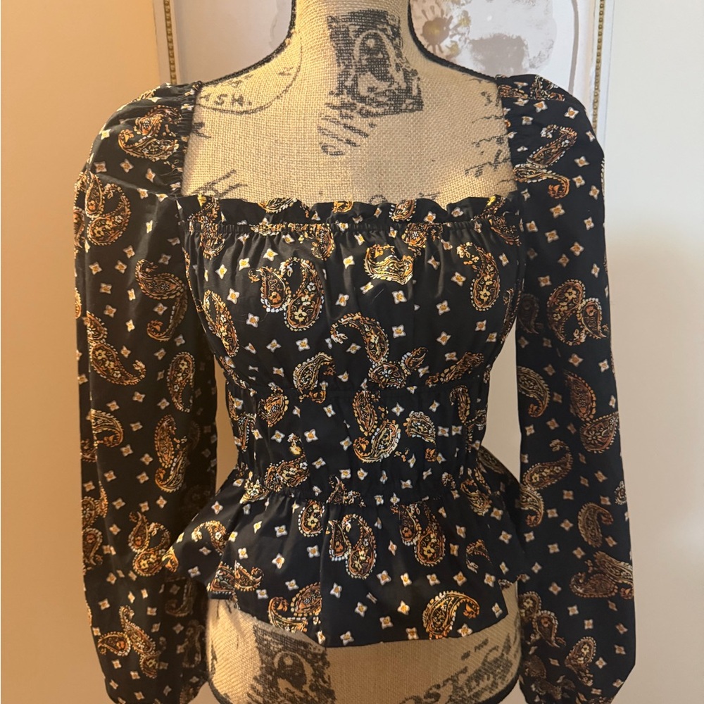 JustFab Black and Gold Paisley Blouse